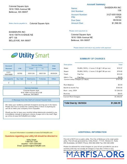 Printable USA Arizona Utility Smart business utility bill template in Word and PDF formats
